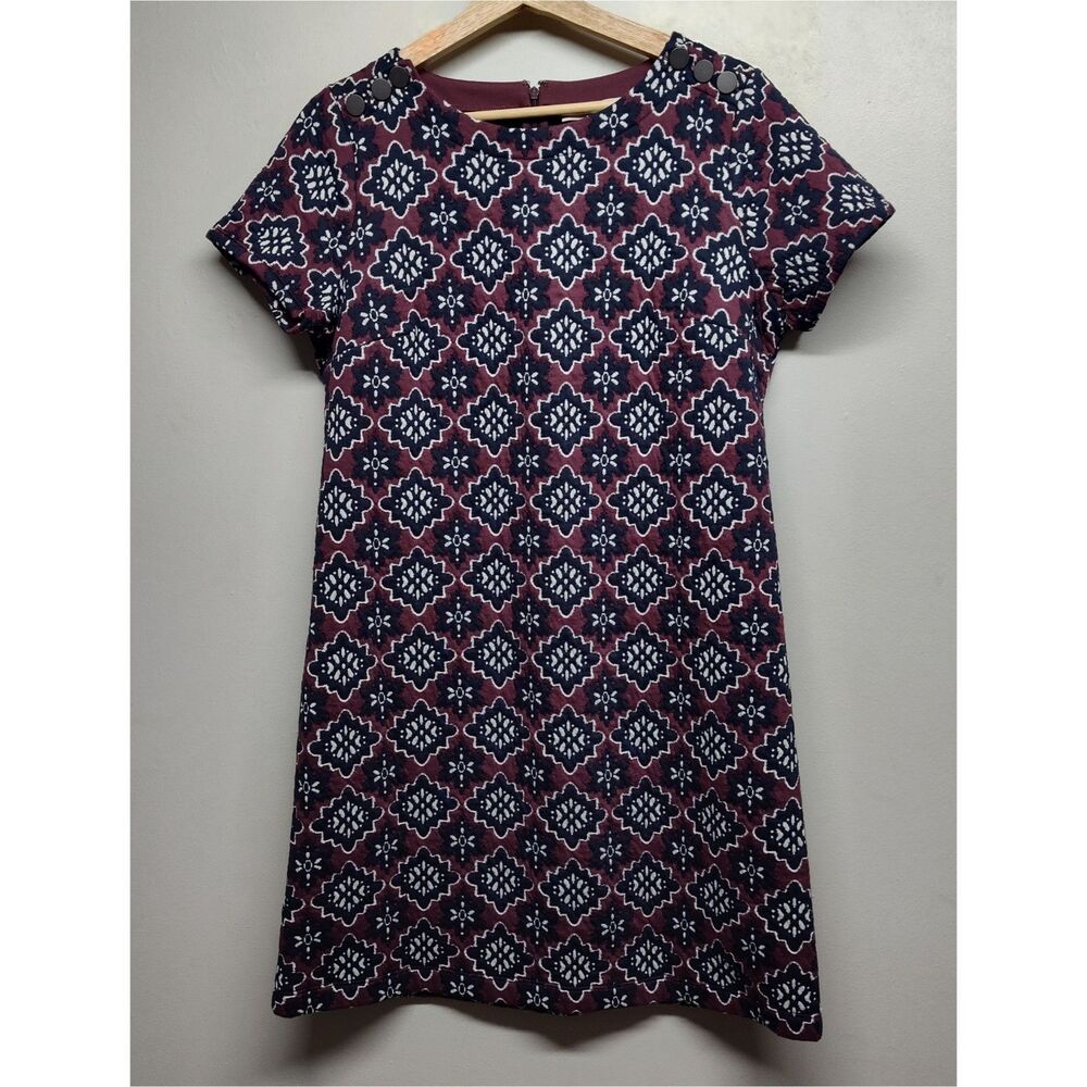 Loft Mini Dress Women Size 8 Maroon Blue Short Sleeve Boxy Modest Cocktail